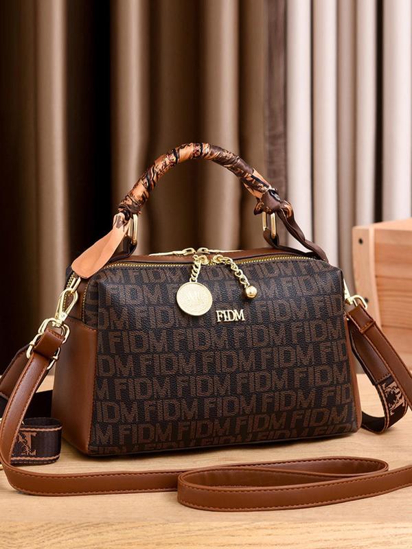 Letter Pattern Pu Leather Round & Ball Charm Zipper Handbag, Zipper Shoulder Bag, Fashion Classic All-match Crossbody Bag for Daily Used, without Twilly Scarf Decor