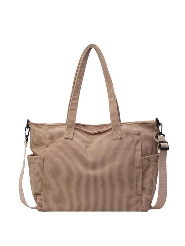 Women's Solid Color Corduroy Tote Bag, Large Capacity Shoulder Bag for Daily Commuting, Shopping and Daily Life, Casual Trendy Versatile High-quality Daily Commuting Bag