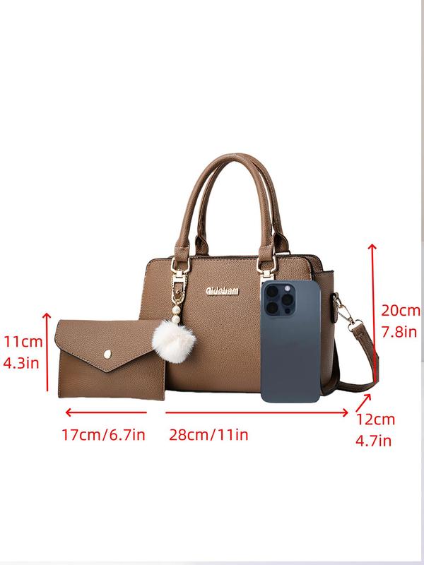 Women's Fashionable Solid Color Bag Set with Pom Pom Charm, PU Leather Handbag & Clutch Bag, Large Capacity One Shoulder Crossbody Bag Set for Daily Used