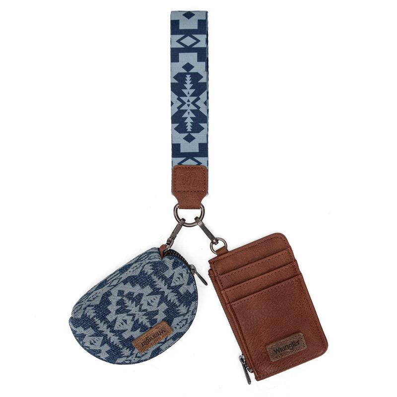 Wrangler 2 PCS SET Southwestern Pattern Print Print Card Holder Whipstitch Wristlet Wallet Portable Zipper Coin Pocket