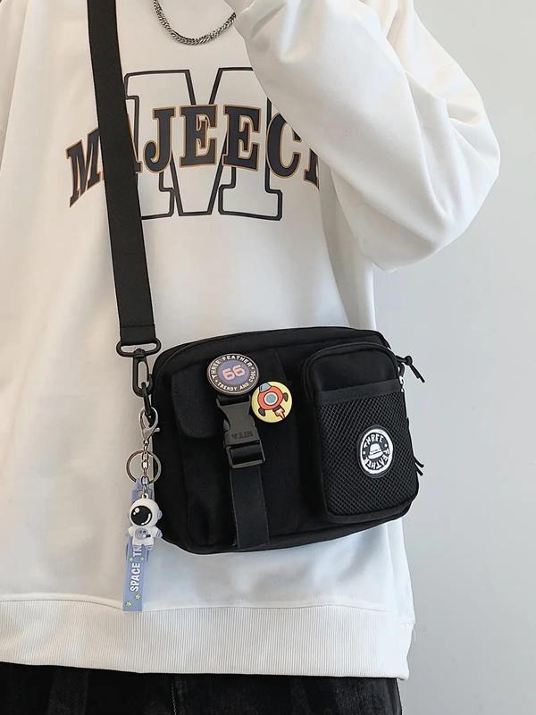 Unisex Summer Casual Plain Color Release Buckle Crossbody Bag with Astronaut Charm, Y2k Fashionable Versatile Zipper Work Bags Back To School with Random Color Badge, Trendy Shoulder Bag for Daily Use, Fall Outfits, Fall Freshness Fall