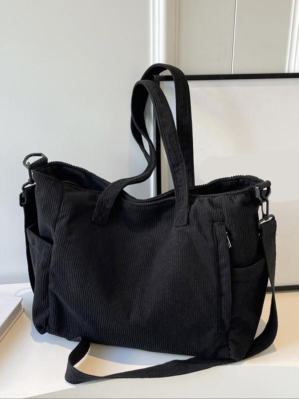 Women's Solid Color Corduroy Tote Bag, Large Capacity Shoulder Bag for Daily Commuting, Shopping and Daily Life, Casual Trendy Versatile High-quality Daily Commuting Bag