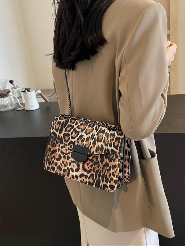 Fashion Leopard Pattern Shoulder Bag, Punk Style Chain Strap Crossbody Bag for Women, Casual Trendy Versatile Vintage Daily Commuting Bag