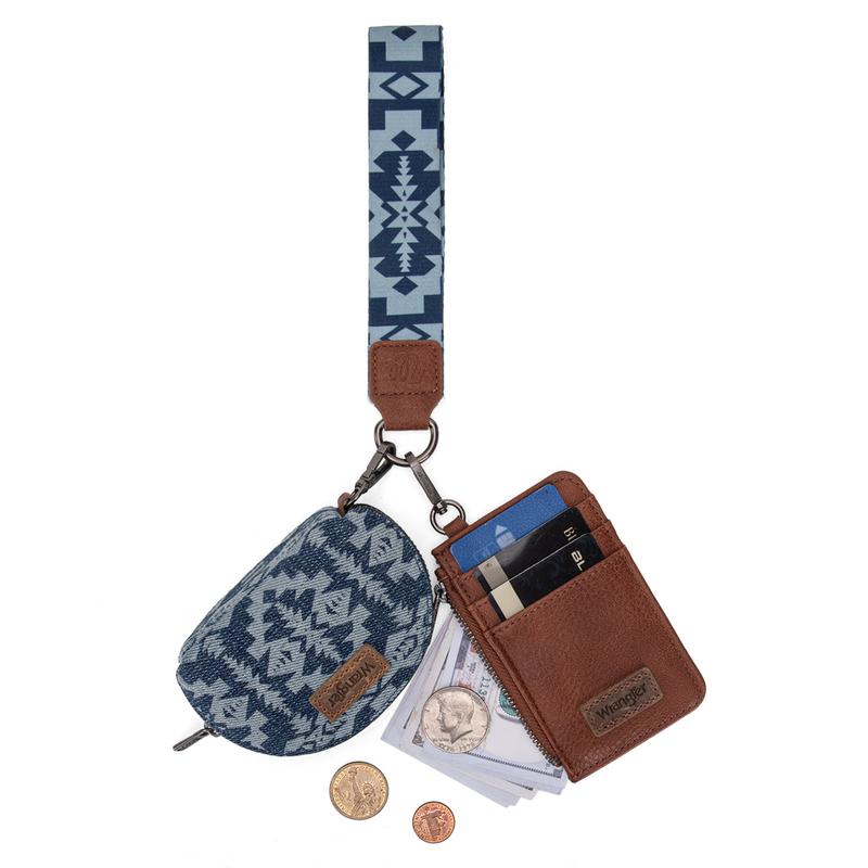 Wrangler 2 PCS SET Southwestern Pattern Print Print Card Holder Whipstitch Wristlet Wallet Portable Zipper Coin Pocket