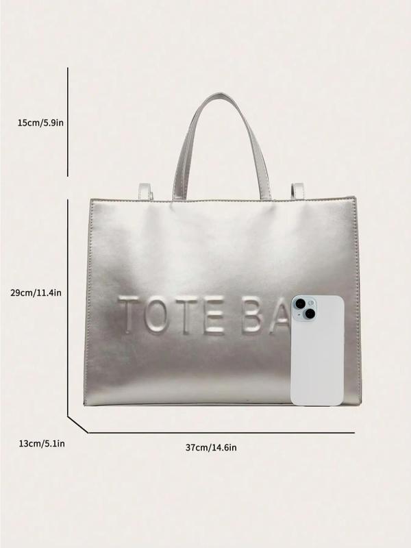 Fashion Letter Pattern Tote Bag As Gift, Fall Simple Plain Pu Leather Zipper Shoulder Bag for Women Back To School, Work Bags, Large Capacity Handbag for Daily Used, Minimalist Crossbody Bag Unique Everyday Designer Bags