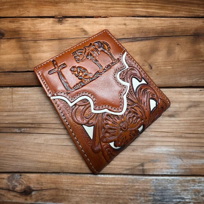Mens Floral Cowboy Praying At Cross Embossed Cowboy Western Leather Wallet High End Cut Out Layered Leather Style Mens Wallets Leather Bull Rider Rodeo Gifts For Men b swallet