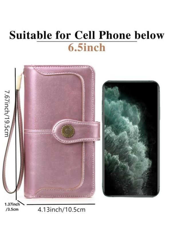 Genuine Leather Women's Casual Plain Long Wallet  for Mom, Large Capacity Rfid Blocking Wallet with Wrist Strap, Casual Trendy Versatile High-quality Daily Wallet