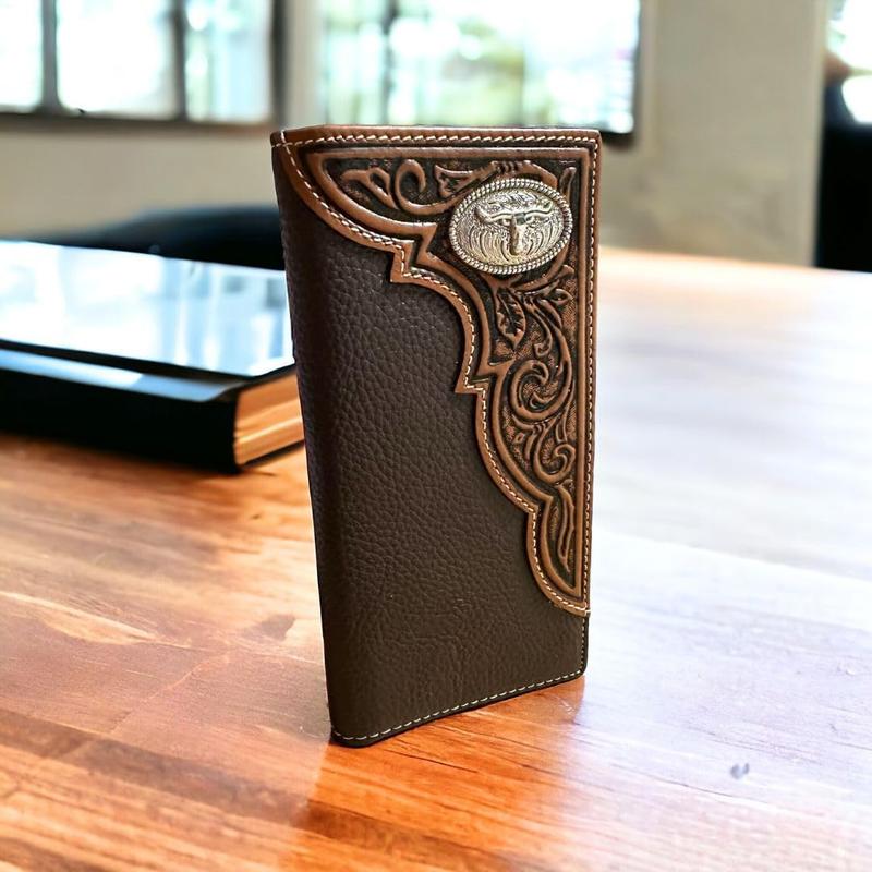 Mens Long Wallet Brown Coffee Leather Soft Leather Checkbook Style Cowboy High end Mens Wallets Leather Longhorn Concho Tooled Wallet Hand Ultra Strong Stitching Gift For Him