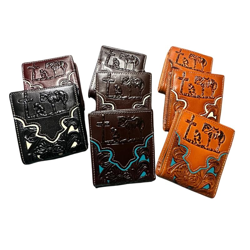 Mens Floral Cowboy Praying At Cross Embossed Cowboy Western Leather Wallet High End Cut Out Layered Leather Style Mens Wallets Leather Bull Rider Rodeo Gifts For Men b swallet