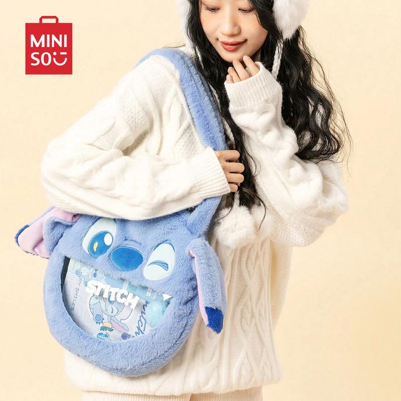 Disney Shoulder Bag For Women Tote Bag Blue Pink Stitch Strawberry Bear Rounded Shape Fluffy Bag Cute Shoulder Bag For Girl Large Capacity Inner Visible Bag