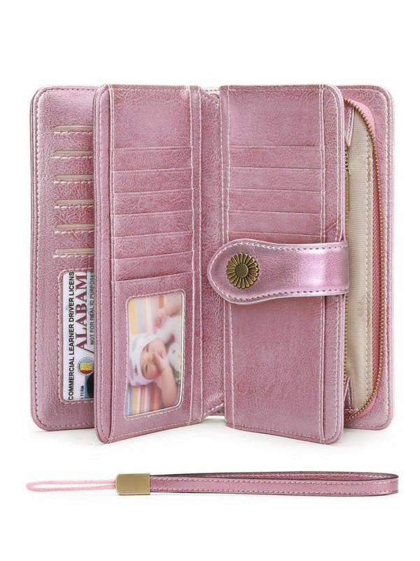 Genuine Leather Women's Casual Plain Long Wallet  for Mom, Large Capacity Rfid Blocking Wallet with Wrist Strap, Casual Trendy Versatile High-quality Daily Wallet