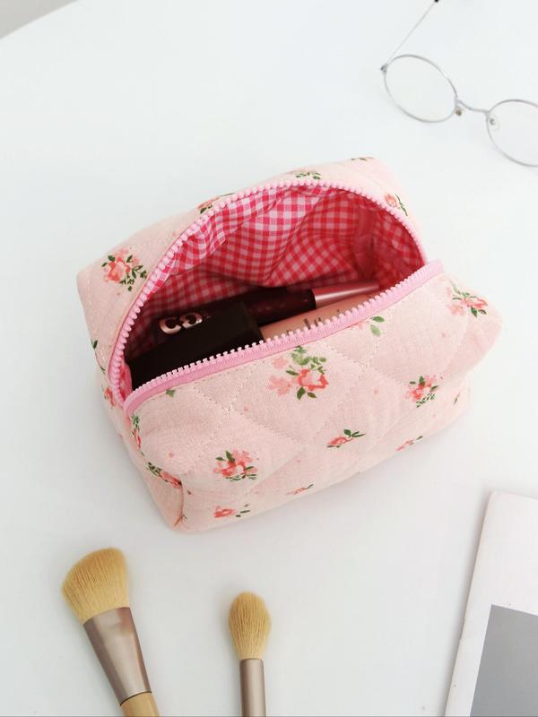 Random Quilted Pattern Makeup Bag, Portable Zipper Makeup Organizer Pouch, Cosmetic Storage Bag, Travel Makeup Bag for Women & Girls