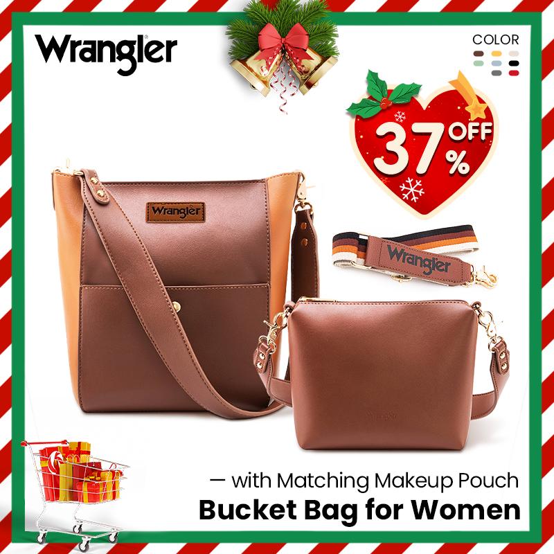 [Wrangler] 2PCS SET Bucket Bag for Women Large Crossbody Bags with Extra Guitar Strap and with Matching Makeup Pouch - Best for Fall Outfit.