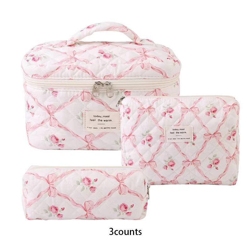 Floral Pattern Makeup Bag Set, 3 Counts set Large Capacity Cosmetic Storage Bag & Makeup Brush Bag, Portable Travel Toiletry Bag