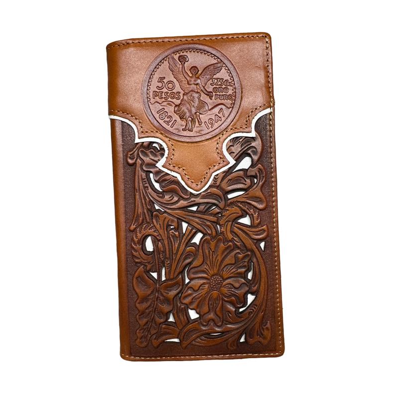 Mens Long Wallet Floral Cutout Layered Brown Leather White Accent Mexican 50 Peso Design Checkbook Style Cowboy Hand Crafted High End Mens Wallets Leather Gifts