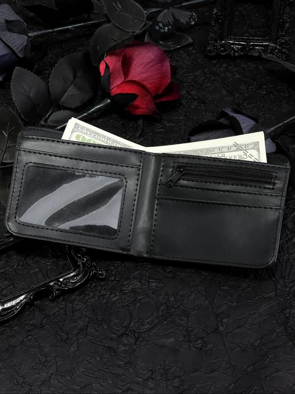 Men's Punk Style Colorblock Demon Smile Face Graphic Short Wallet, Casual Trendy Zipper Bifold Wallet, Business Multi Card Slot Cardholder