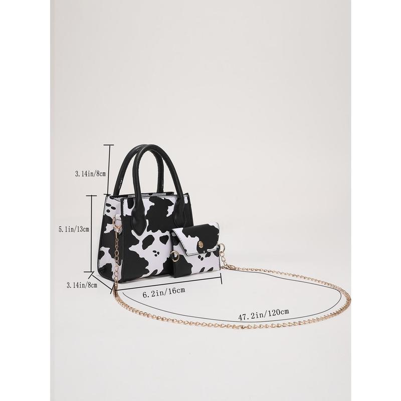 2pcs Cow Pattern Handbag Set Mini Chain Crossbody Bag Trendy Square Tote Bag with Coin Purse Mini Cow Print Chain Square Bag With Coin Purse