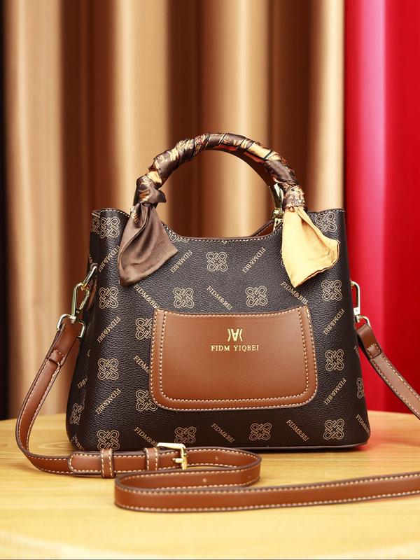 Women's Elegant Letter Pattern Bag Set, Fashionable PU Leather Scarf Decor Shoulder Bag & Wallet & Coin Purse, Casual Trendy Versatile High-quality Daily Commuting Bag Set