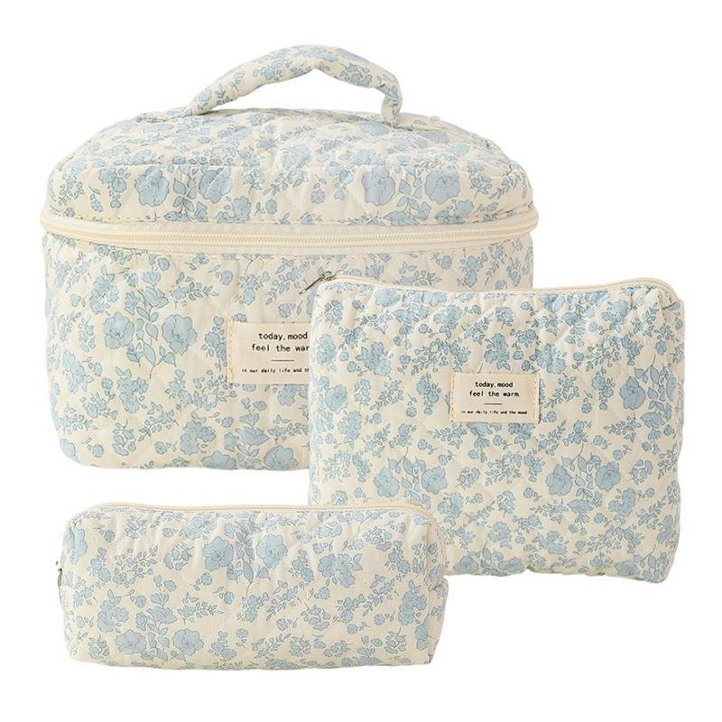 Floral Pattern Makeup Bag Set, 3 Counts set Large Capacity Cosmetic Storage Bag & Makeup Brush Bag, Portable Travel Toiletry Bag