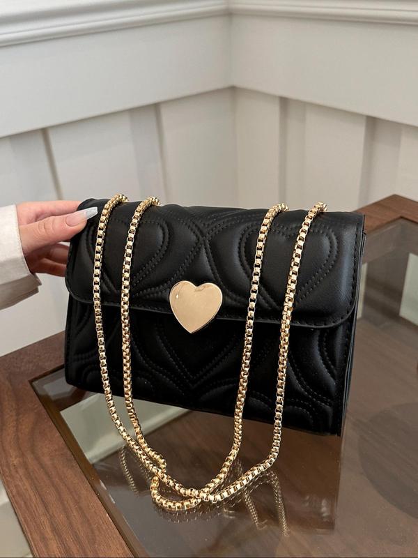 Heart Decor Heart Quilted Flap Square Bag, with Chain Strap, Solid Color Crossbody Bags for Women, Casual Trendy Versatile High-quality Daily Commuting Bag