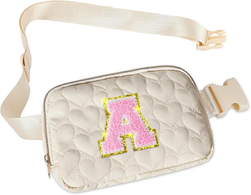 Fanny Pack for Girls Heart-quilted Letter Belt Bag Crossbody Bags with Smooth Zipper  Bag for Women Teen Girl Fanny Packs, Beige, A