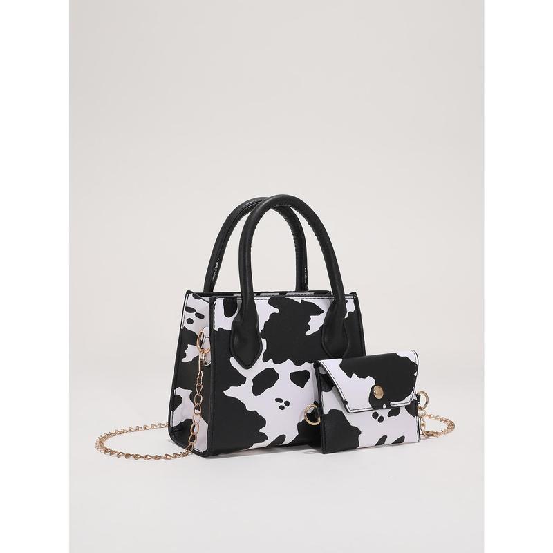 2pcs Cow Pattern Handbag Set Mini Chain Crossbody Bag Trendy Square Tote Bag with Coin Purse Mini Cow Print Chain Square Bag With Coin Purse