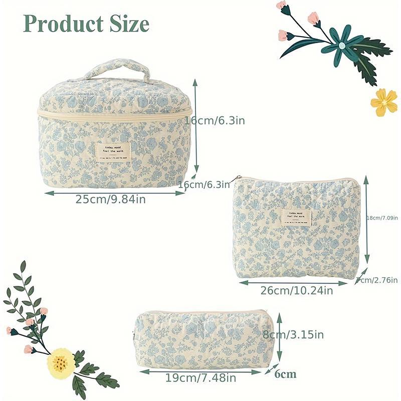 Floral Pattern Makeup Bag Set, 3 Counts set Large Capacity Cosmetic Storage Bag & Makeup Brush Bag, Portable Travel Toiletry Bag