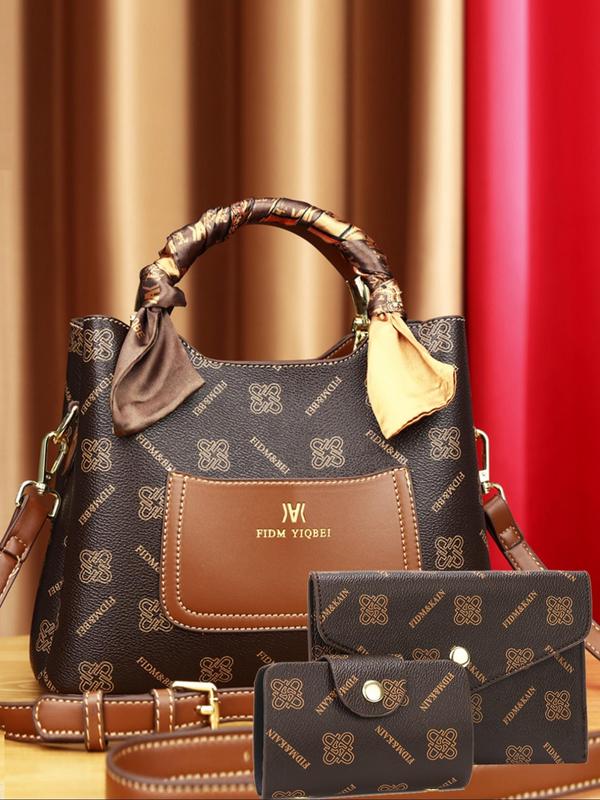 Women's Elegant Letter Pattern Bag Set, Fashionable PU Leather Scarf Decor Shoulder Bag & Wallet & Coin Purse, Casual Trendy Versatile High-quality Daily Commuting Bag Set