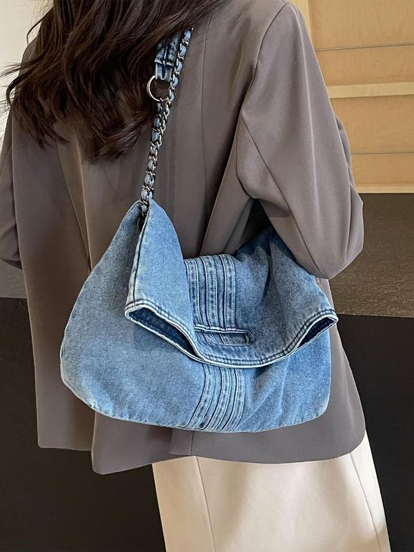 Women's Fashionable Denim Shoulder Bag, Casual Versatile Chain Strap Crossbody Bag for Daily Used, Trendy All-match Commuter Bag