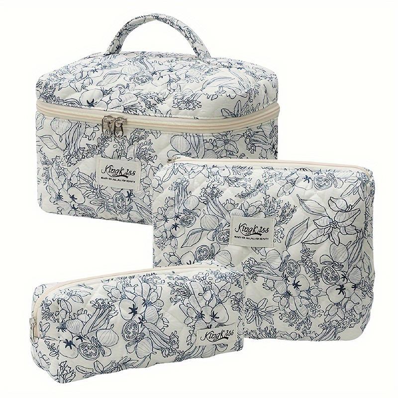 Floral Pattern Makeup Bag Set, 3 Counts set Large Capacity Cosmetic Storage Bag & Makeup Brush Bag, Portable Travel Toiletry Bag