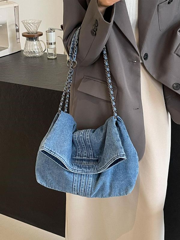 Women's Fashionable Denim Shoulder Bag, Casual Versatile Chain Strap Crossbody Bag for Daily Used, Trendy All-match Commuter Bag