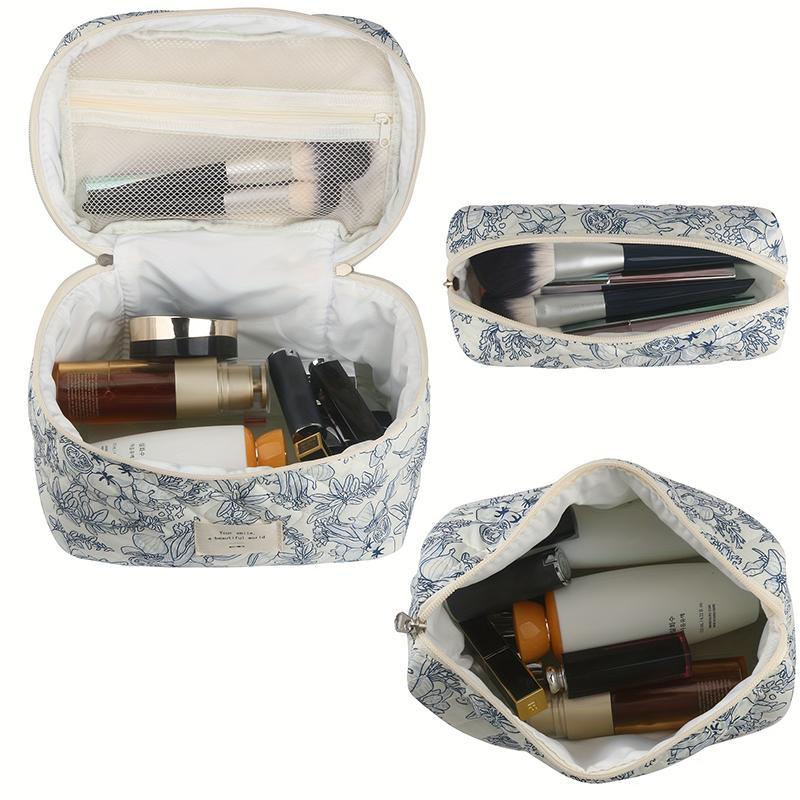 Floral Pattern Makeup Bag Set, 3 Counts set Large Capacity Cosmetic Storage Bag & Makeup Brush Bag, Portable Travel Toiletry Bag