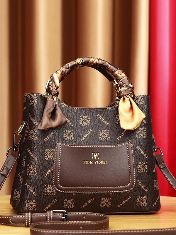 Women's Elegant Letter Pattern Bag Set, Fashionable PU Leather Scarf Decor Shoulder Bag & Wallet & Coin Purse, Casual Trendy Versatile High-quality Daily Commuting Bag Set