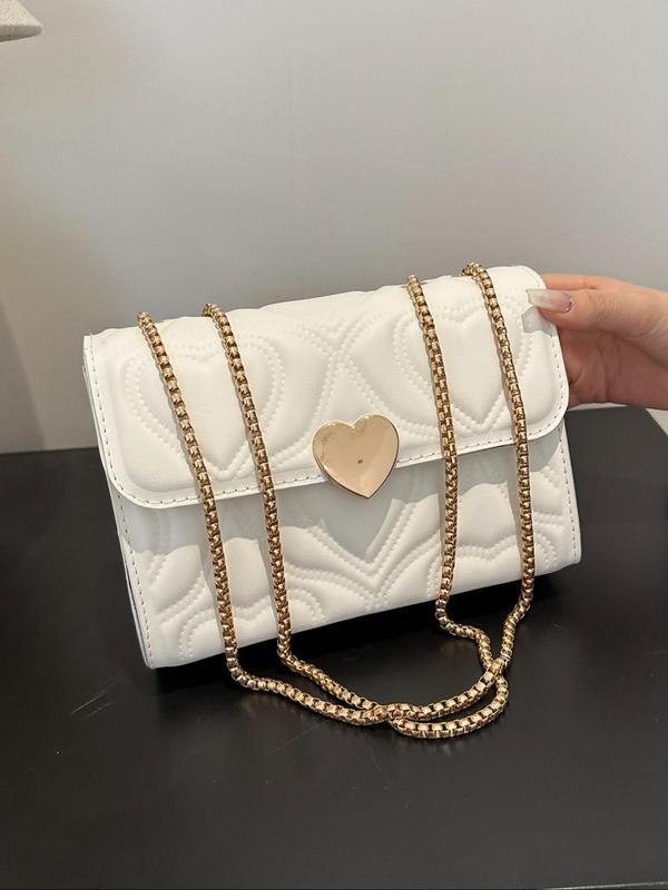 Heart Decor Heart Quilted Flap Square Bag, with Chain Strap, Solid Color Crossbody Bags for Women, Casual Trendy Versatile High-quality Daily Commuting Bag