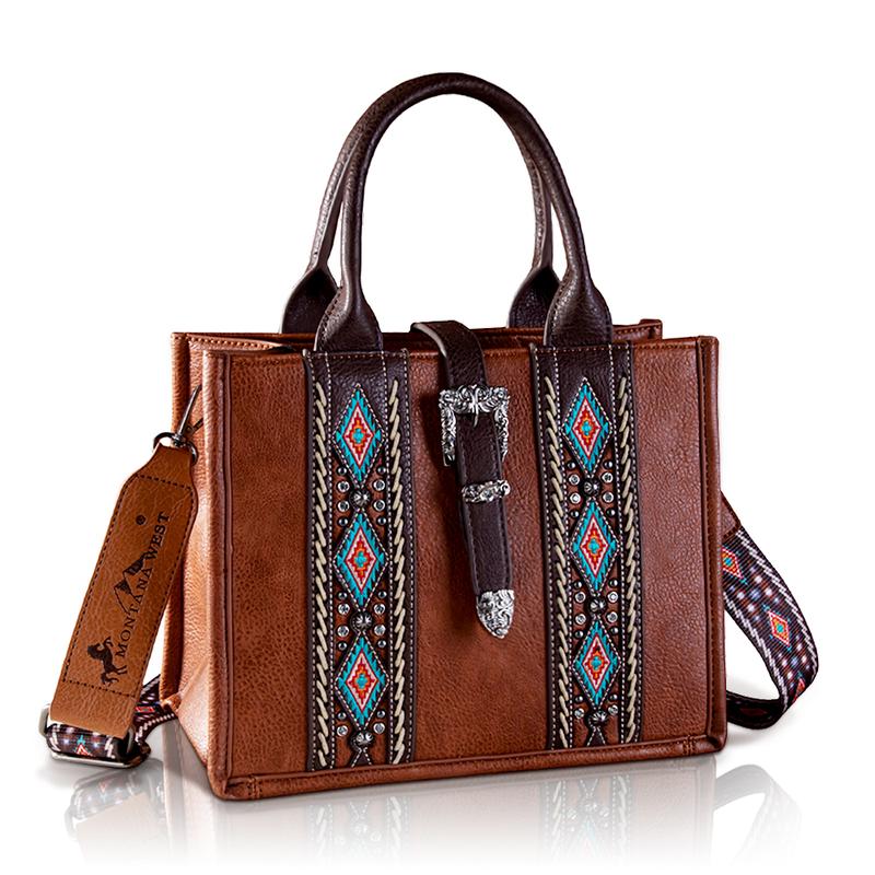 Montana West [MegaGift] Fashion Whipstitch Concealed Carry Tote Embroidery Stylish Rivets Crossbody Bag with Top Buckle