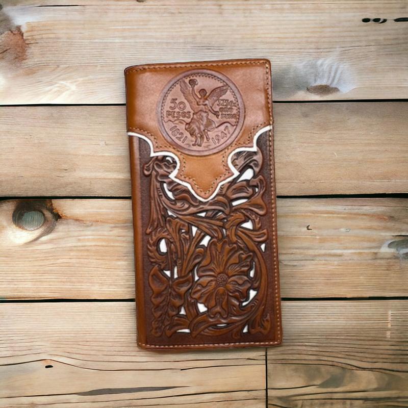 Mens Long Wallet Floral Cutout Layered Brown Leather White Accent Mexican 50 Peso Design Checkbook Style Cowboy Hand Crafted High End Mens Wallets Leather Gifts