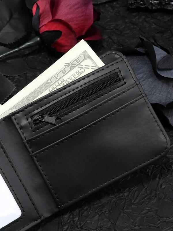 Men's Punk Style Colorblock Demon Smile Face Graphic Short Wallet, Casual Trendy Zipper Bifold Wallet, Business Multi Card Slot Cardholder