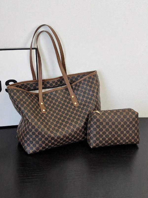 Women's Fashionable Geometric Pattern Tote Bag & Cosmetic Bag, Casual Versatile Zipper Shoulder Bag & Cosmetic Bag, Trendy All-match Bag Set for Daily Use