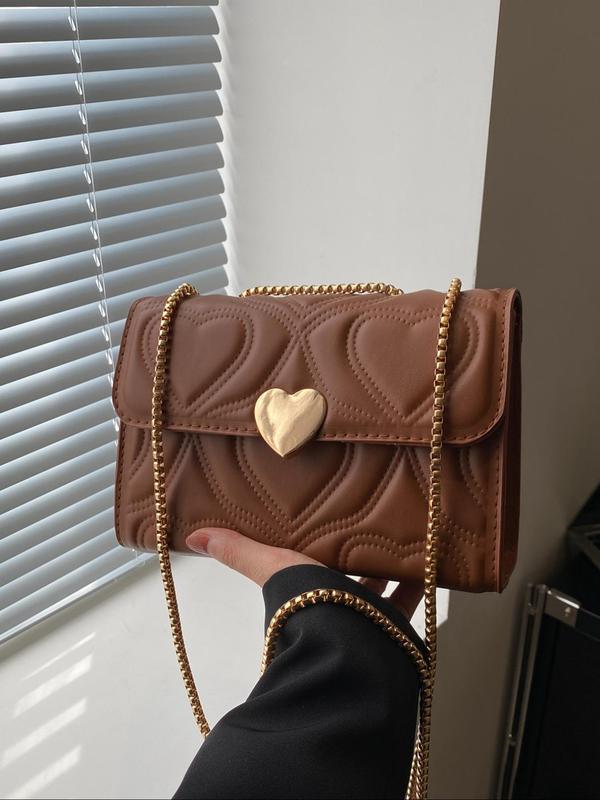 Heart Decor Heart Quilted Flap Square Bag, with Chain Strap, Solid Color Crossbody Bags for Women, Casual Trendy Versatile High-quality Daily Commuting Bag