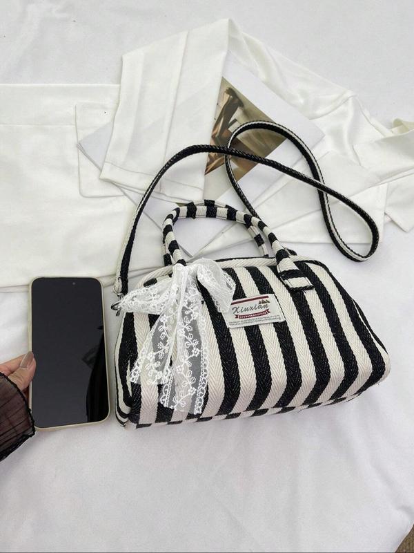 Fashionable Colorblock Striped Pattern Handbag, Casual Versatile Lace Bow Decorated Crossbody Bag for Women, Trendy All-match Commuter Bag for Daily Used