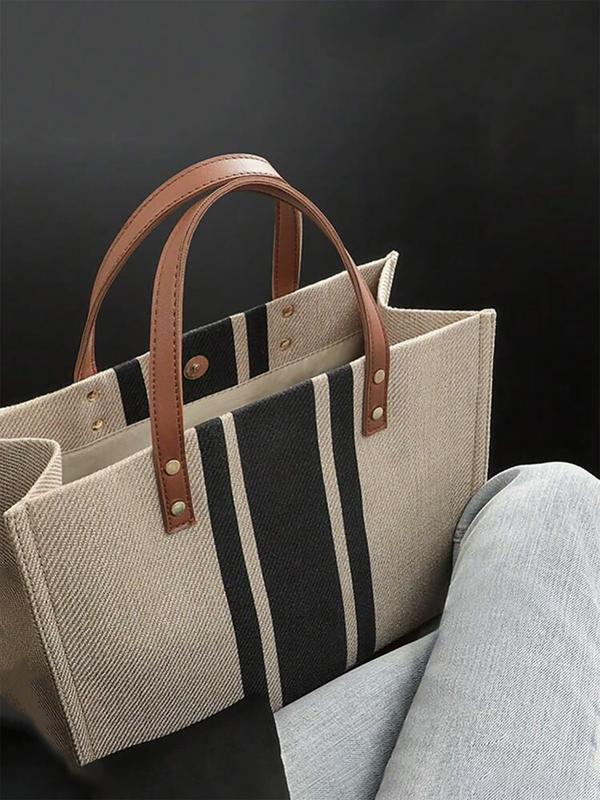 Fashion Striped Pattern Canvas Tote Bag, Casual Large Capacity Shoulder Bag For Teen Girl, Women, College Student, Rookies & White-collar Workers Perfect For Office, College, Work, Business, Commute