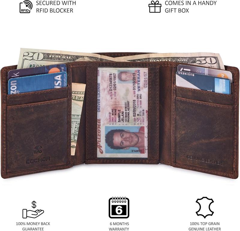 Wallet for Men Trifold Real Leather RFID Blocking Credit Card Case with ID Window in Gift Box