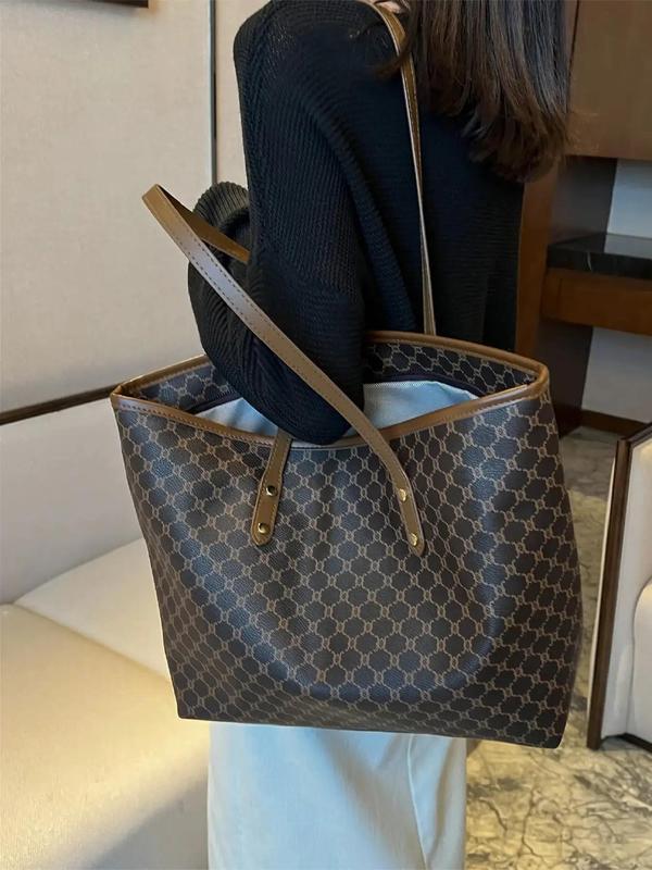 Women's Fashionable Geometric Pattern Tote Bag, Casual PU Leather Zipper Shoulder Bag for Daily Used, Trendy Versatile High-quality Daily Commuting Bag