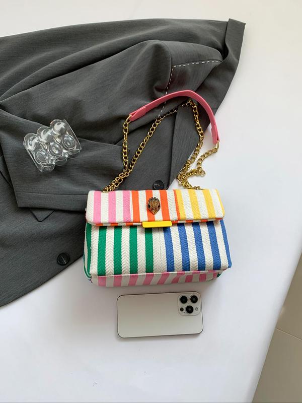 Women's Fashionable Colorful Striped Pattern Crossbody Bag, Casual Versatile Zipper Shoulder Bag for Daily Used, Trendy All-match Commuter Bag