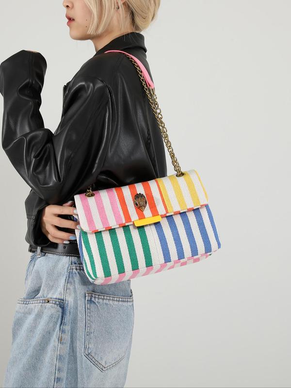 Women's Fashionable Colorful Striped Pattern Crossbody Bag, Casual Versatile Zipper Shoulder Bag for Daily Used, Trendy All-match Commuter Bag