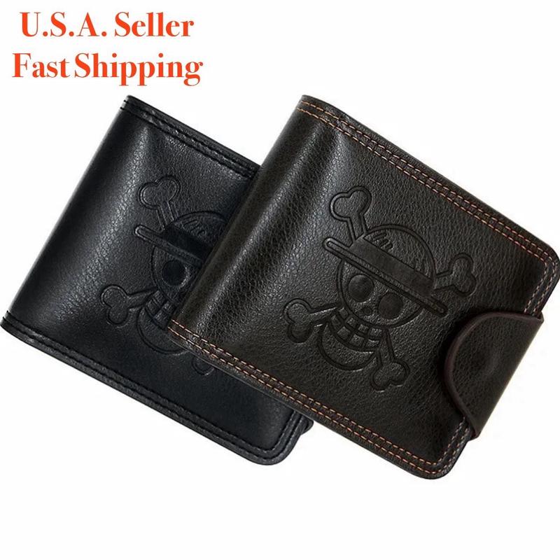 Straw Hat Pirates Wallet - Monkey D Luffy Jolly Roger Symbol Logo PU Leather black or Brown Button Wallet Japanese Anime Manga Cartoon Short Bifold Cash Credit Card Flip Photo Section Folding Wallet Zipper Coin Pocket Specifications