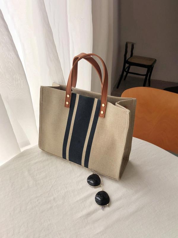 Fashion Striped Pattern Canvas Tote Bag, Casual Large Capacity Shoulder Bag For Teen Girl, Women, College Student, Rookies & White-collar Workers Perfect For Office, College, Work, Business, Commute