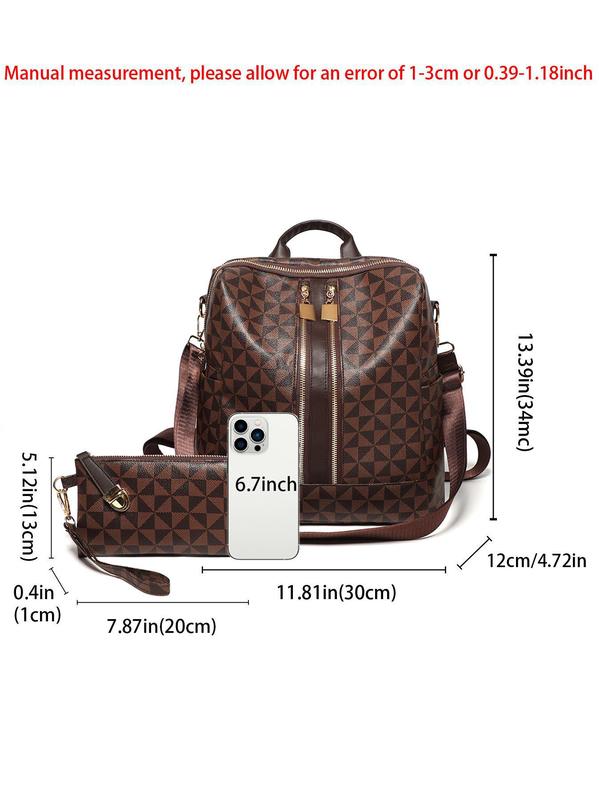 Fashionable Geometric Pattern Backpack & Wristlet, Casual Large Capacity Backpack & Wallet, Multi-functional Casual Travel Bag Set for Women