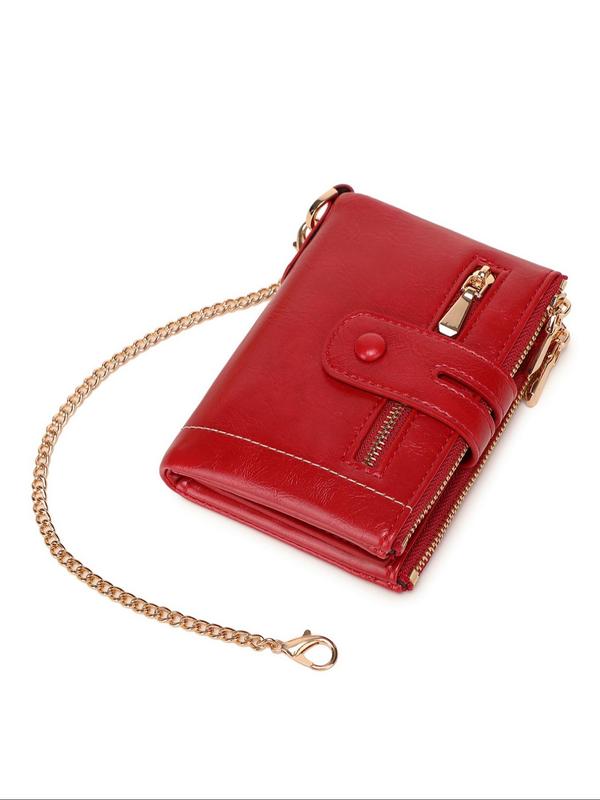 Solid Color Bifold Wallet with Chain Wristlet, Fashionable Anti-Theft Protection PU Leather Coin Purse, Casual Trendy Versatile High-quality Daily Wallet for Men & Women, for Fall Outfits Fall Freshness