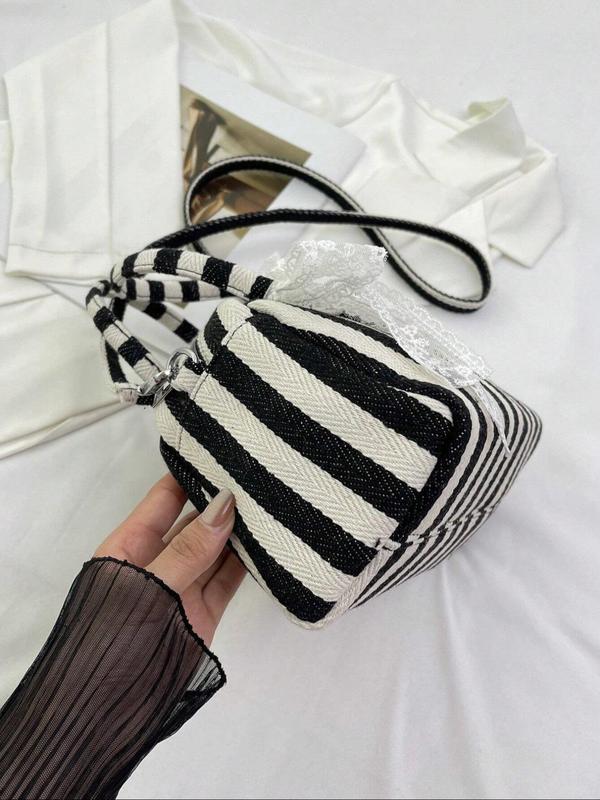 Fashionable Colorblock Striped Pattern Handbag, Casual Versatile Lace Bow Decorated Crossbody Bag for Women, Trendy All-match Commuter Bag for Daily Used